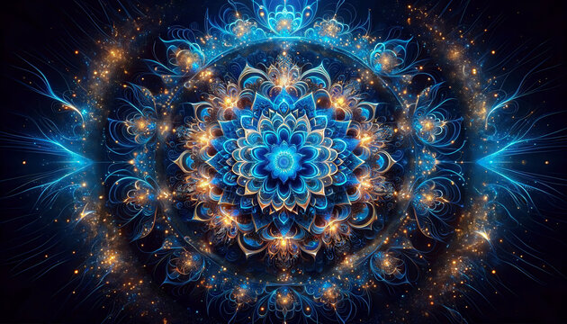 Neon blue and gold mandala with ethereal abstract background and sparkling effects - Generative AI