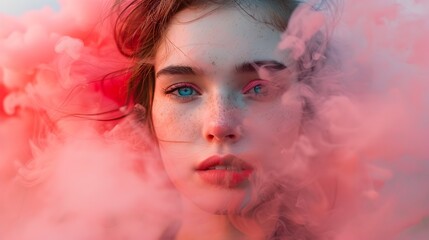Woman with Blue Eyes and Freckles Radiates Enchantment Amidst Dreamy Pink Smoke Atmosphere in Cinematic Portrait