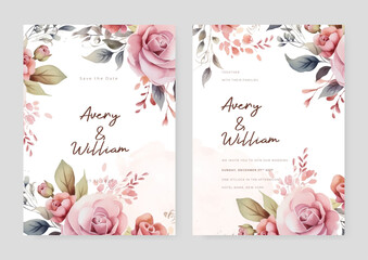 Pink rose elegant wedding invitation card template with watercolor floral and leaves