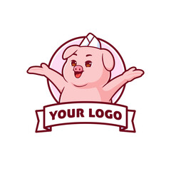 Cute pig mascot logo badges vector. Flat style cartoon animal illustration