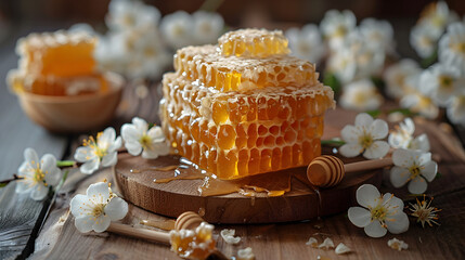 Honey sweetness on a rustic wood table with natural decorations  - obrazy, fototapety, plakaty
