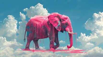 A Majestic Pink Elephant with Dripping Paint Traverses Dreamy Clouds in a Blue Sky, Expressing a Whimsical Sense of Surrealism and Pop Art