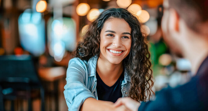 Young woman smiling and shaking hands in a casual meeting, captured in a warm, cozy café environment. This image portrays a friendly greeting and a positive first impression.