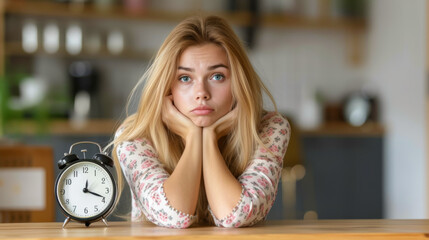 A woman is sitting at a table with a clock in front of her. She is looking at the clock and she is...