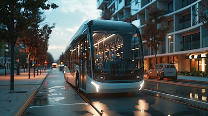 A 3D-rendered scene depicts an autonomous electric bus smoothly traversing the streets,...