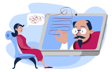 Online psychologist therapy session for patient. Psychotherapy via laptop for woman health and support. Counselor doctor on professional interview meeting. Sad addiction girl need advice and treatment