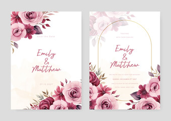 Pink rose and poppy elegant wedding invitation card template with watercolor floral and leaves