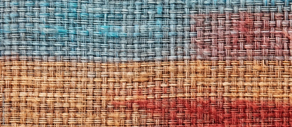 Poster a detailed closeup of a rectangular piece of fabric featuring a symmetrical blue and red pattern, re