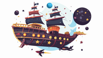 Deep space travel using a pirate ship flat vector 