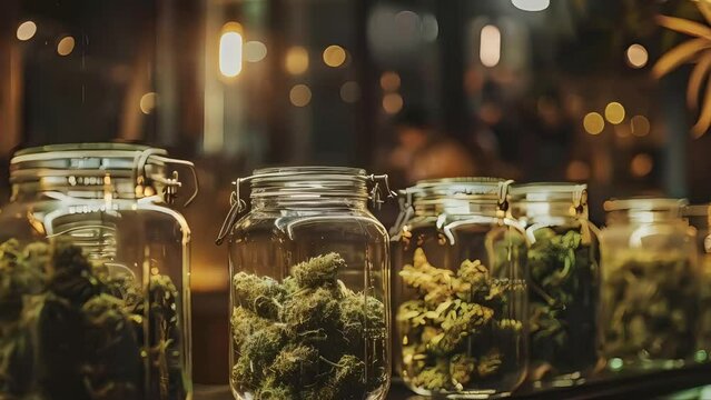 An animated 3D store displays glass jars filled with marijuana buds for both medical and recreational use
