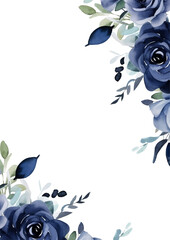 Blue and white watercolor hand painted background template for Invitation with flora and flower