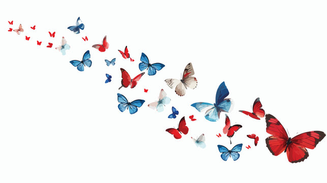 Group of butterflies flying through the air on a white