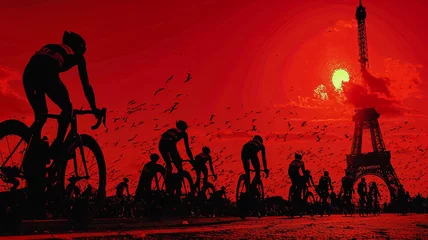Foto auf Glas A group of cyclists ride past the Eiffel Tower on a red sunset. Concept of adventure and excitement as the cyclists pedal through the city. The red sunset adds a dramatic © Дмитрий Симаков