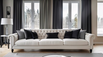 Modern Living Room Interior with Elegant Sofa and Winter View