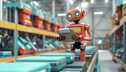 an orange robot with a clipboard in a factory - obrazy, fototapety, plakaty