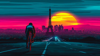 A man is riding a bike down a road with a city in the background. The sky is orange and the sun is setting - obrazy, fototapety, plakaty