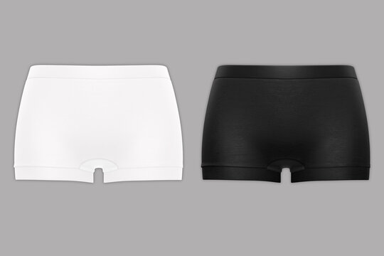 Black and white Classic boyshorts technical fashion illustration. boyshorts panty fashion flat technical drawing template. Elasticated waistband, women's Underwear, panty. front view. 3d rendering.