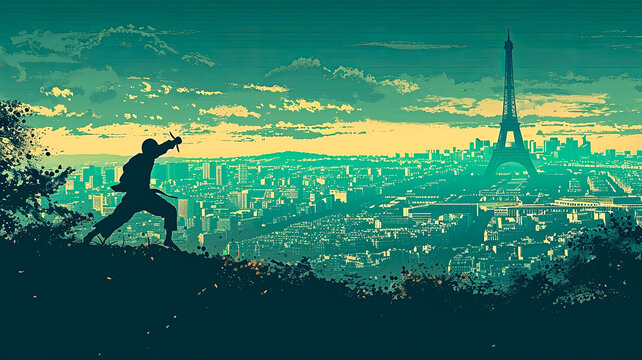 A man is standing on a hill, taking a picture of the city below. The city is lit up at night, and the man is holding a camera