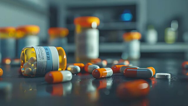 arious pill bottles and assorted pills scattered on the table. Medicine, health, illness, treatment depicted in 3D animated scientific illustration.