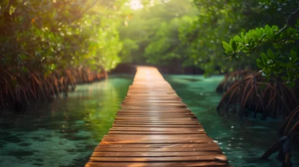 Tableaux ronds sur aluminium Descente vers la plage A wooden boardwalk meandering through a dense tropical forest with lush leaves.