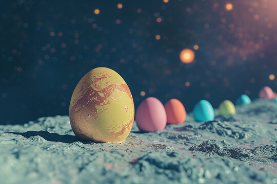 An images depicting an Easter eggs in space - Generative AI