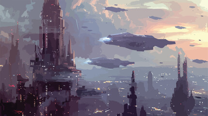 Digital painting of science fiction space city in the
