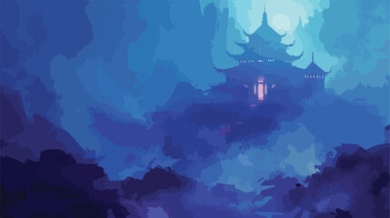 Digital pnting of a dark ominous temple with glowing flat