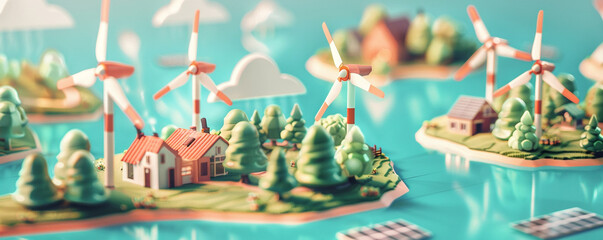 Renewable energy theme with wind turbines and solar panels