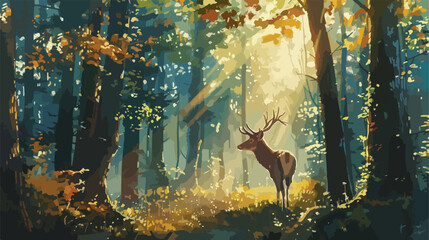 A painting of a deer in a forest with sunlight stream - obrazy, fototapety, plakaty