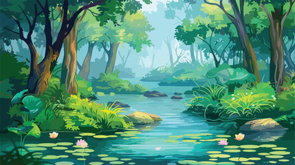 Forest with a river and lily pads.