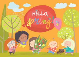 Obraz na płótnie Canvas hello spring children playing in the garden
