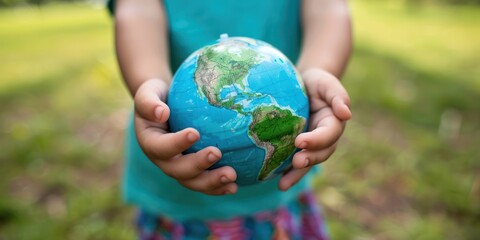 child hand holding big earth globe outdoor 
