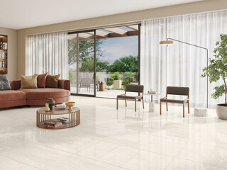 Living room interior in loft, industrial style, brown cozy sofa with cushions, black book shelf with lamp, empty posters on wooden furniture, golden coffee table, beige marble flooring. 3D Rendering