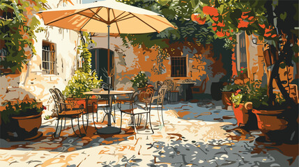 Painting of a patio with tables and chairs