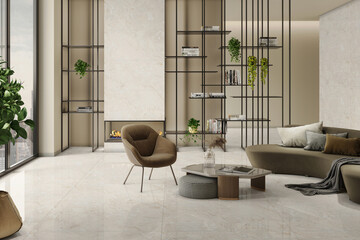 Modern light living room with beige marble flooring, grey sofa and black coffee table, glass window wall and grey curtains, wooden dinning table and chairs. Interior design concept. 3D Rendering