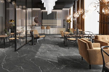 Modern industrial style cafe bar interior corner with wooden and glass walls and grey marble floor, long wooden tables and bar counter with stools near the window. 3D Rendering - obrazy, fototapety, plakaty