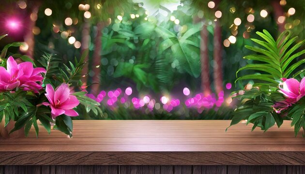Sunlit wooden table with pink flowers, overlooking a lush tropical forest. Peaceful and inviting atmosphere.