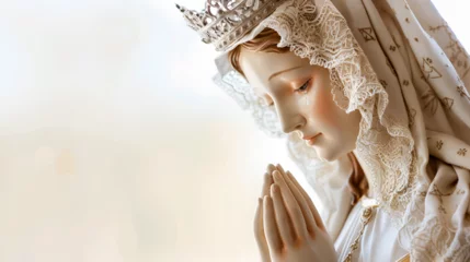 Fotobehang Beautiful statue of the Virgin Mary praying with Beautiful statue of a religious woman praying isolated on white Religion pray faith.Virgine Mary statue,background red flowers. Generative Ai © shehzad