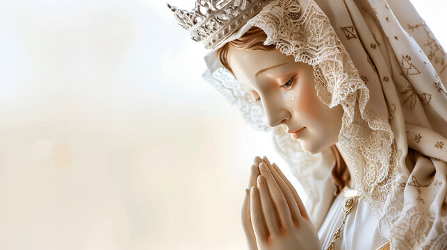 Beautiful statue of the Virgin Mary praying with Beautiful statue of a religious woman praying isolated on white Religion pray faith.Virgine Mary statue,background red flowers. Generative Ai