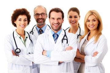 Group of people doctors professionals in white coats with stethoscopes, white background isolate.