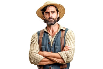 Excited irritated angry male farmer in work clothes, white background isolate.
