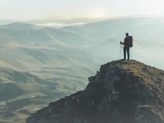 A lone hiker standing atop a windswept ridge, gazing into the distance.