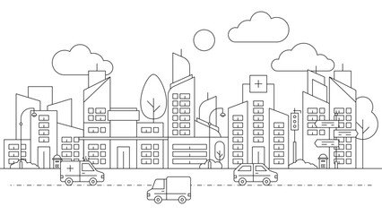 Black and white vector city line with building in outline style background