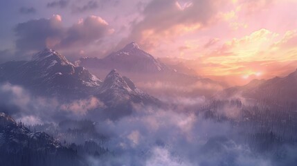 A majestic mountain range enveloped in a blanket of mist at sunrise.  - Powered by Adobe