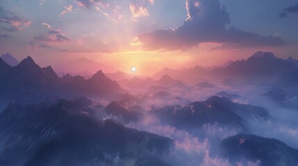 A majestic mountain range enveloped in a blanket of mist at sunrise. 