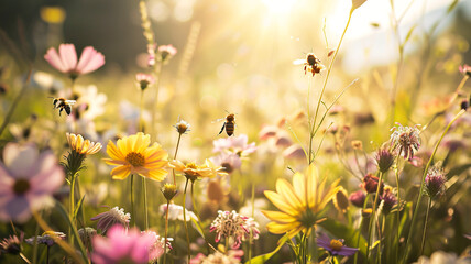 Joyful bees happily pollinating vibrant spring flowers in a colorful field - obrazy, fototapety, plakaty