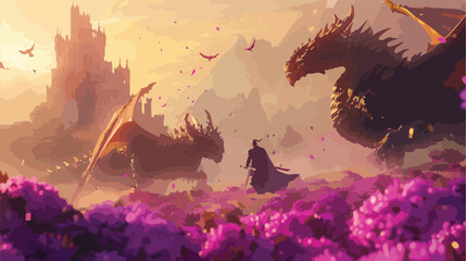 Epic hero elf knight in a purple flowers field fight  - obrazy, fototapety, plakaty