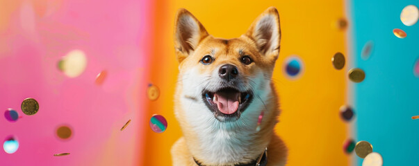 Coins are falling around a happy Shiba Dog