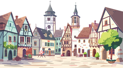 Fototapeta na wymiar European medieval or fantasy town square on a sunny 