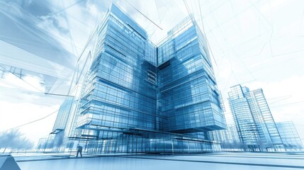 A modern highrise building blueprint, showcasing an innovative design with a sleek, futuristic facade , 3D illustration